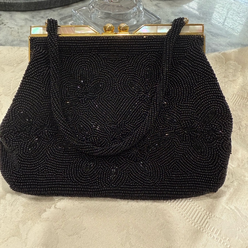Vintage Elegant Black Beaded Women's Bag made in Japan; Kiss Lock.